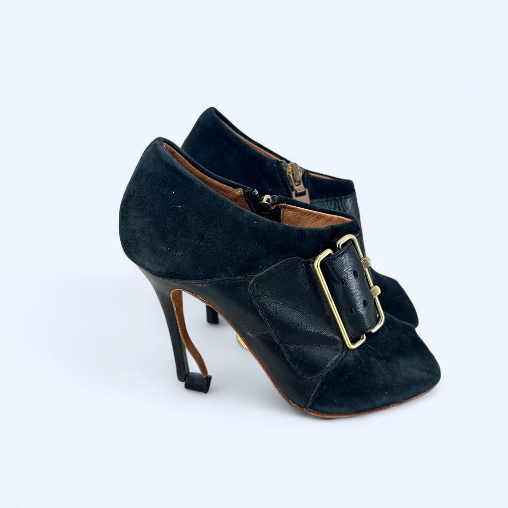 Black Leather Suede Peep Toe Buckle Stiletto Boots